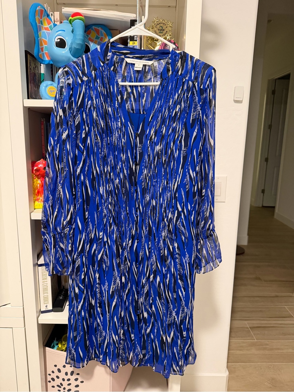 Women's Blue Printed V-Neck Long Sleeve Dress